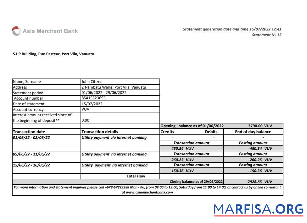 Realistic Vanuatu Asia Merchant bank statement excel download for verification